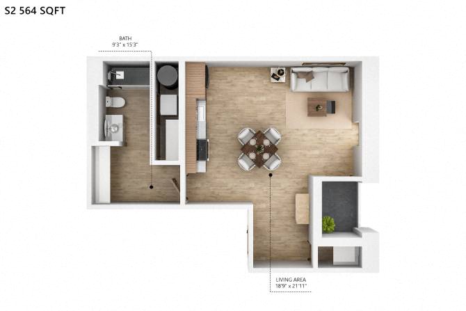 Floor plan for studio, 1 bath, 564 sqft